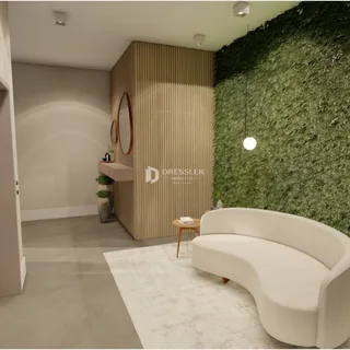 Imagem de uma sala de estar moderna com parede verde e painel de madeira.