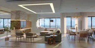 Sala de estar moderna com grandes janelas e vista da cidade.