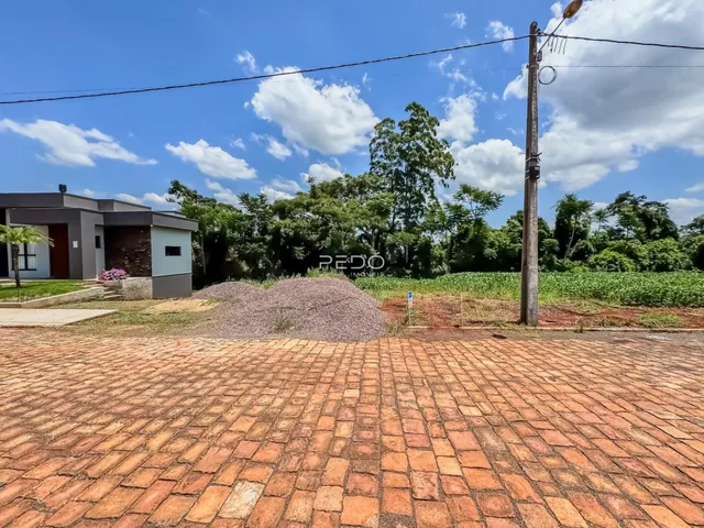 Vista externa de uma propriedade com pátio de tijolos e vegetação ao fundo.