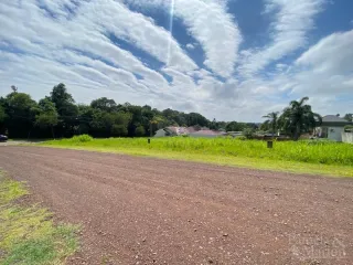 Vista de uma área externa com grama e vegetação sob um céu claro.