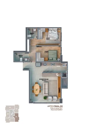Planta baixa de um apartamento mostrando a disposição dos cômodos.