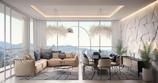 Sala de estar moderna com grandes janelas e decoração contemporânea.
