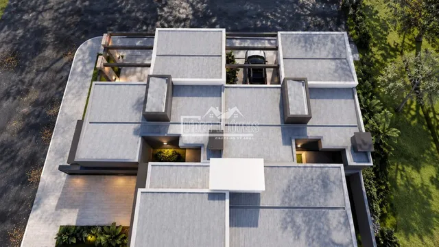 Vista aérea da fachada de uma residência moderna em Lajeado.