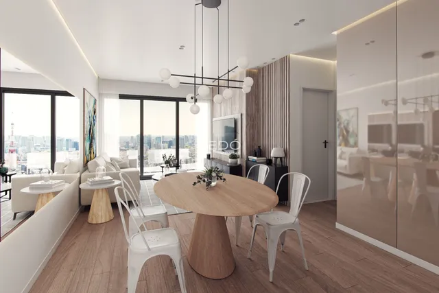 Sala de estar moderna com vista panorâmica da cidade.