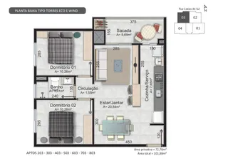 Planta baixa de um apartamento mostrando a disposição dos cômodos e dimensões.