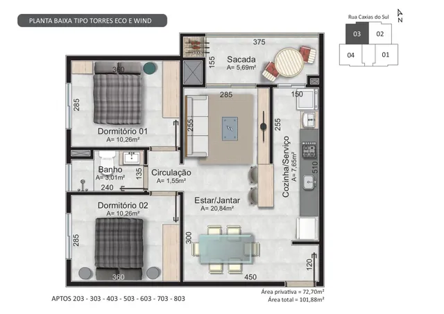 Planta baixa de um apartamento mostrando a disposição dos cômodos e dimensões.