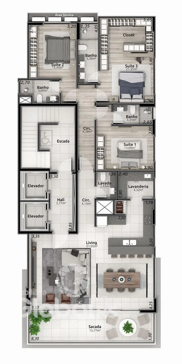 Planta de um apartamento residencial em Lajeado, Brasil.