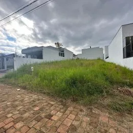 Vista externa de uma área com grama alta e pavimento de tijolos.