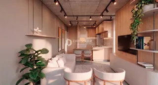 Sala de estar moderna com decoração de madeira e plantas.