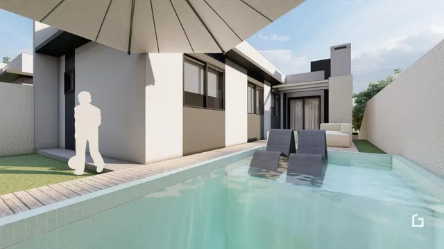 Fachada de uma residência com piscina no Brasil.