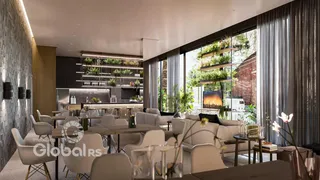 Ambiente moderno com sala de jantar e grande janela de vista para o exterior.