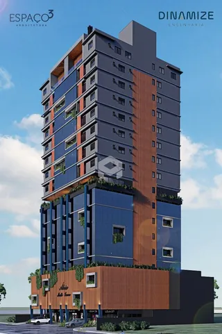 Fachada de um edifício residencial moderno com revestimento azul e laranja em Lajeado, Brasil.