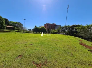 Paisagem de um campo gramado sob um céu azul claro.