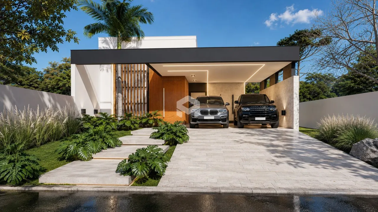 Fachada moderna de uma residência com paisagismo em Lajeado, Brasil.