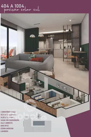 Imagem de um ambiente moderno com sala de estar e cozinha em Lajeado.