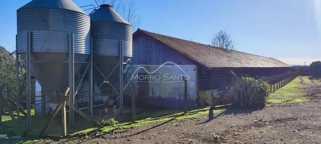 Vista externa de um galpão com dois silos metálicos em uma propriedade rural.