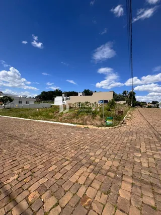 Vista de uma área pavimentada com tijolos no exterior de uma propriedade.