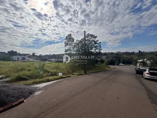 Vista externa de uma rua com vegetação e postes em Lajeado, Brasil.