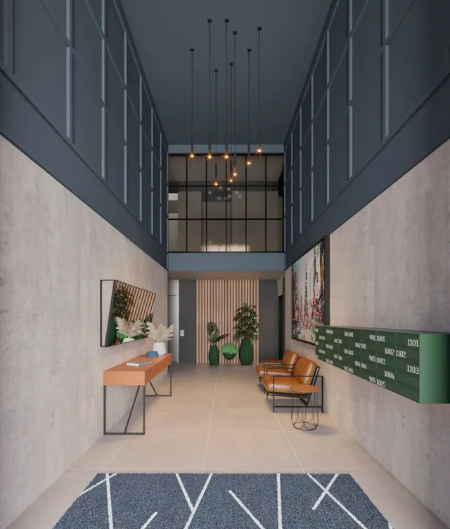Hall de entrada com painéis cinza e piso claro.