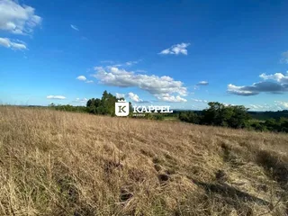 Vista de um campo seco e gramado sob um céu azul claro.