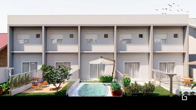 Fachada de uma casa com piscina e jardim no Brasil.