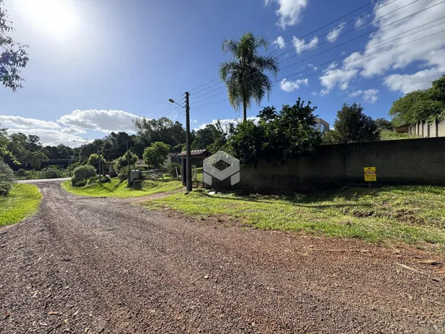 Vista da propriedade com estrada de terra e vegetação ao lado de um muro.