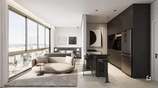 Sala de estar moderna com vista panorâmica da cidade.