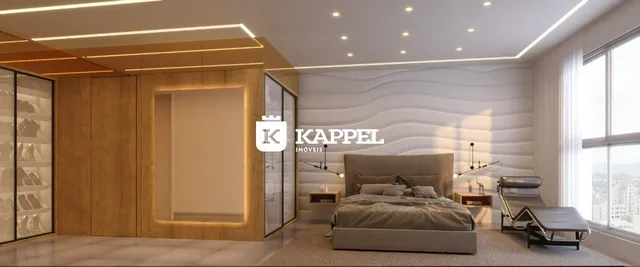 Quarto moderno com cama grande e iluminação embutida em ambiente residencial.