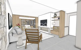 Vista de renderização de uma sala de estar moderna com lareira e móveis de madeira.