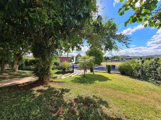 Paisagem de gramado e árvores em uma propriedade.