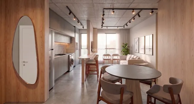 Interior de uma sala de estar e jantar moderna com acabamentos em madeira.