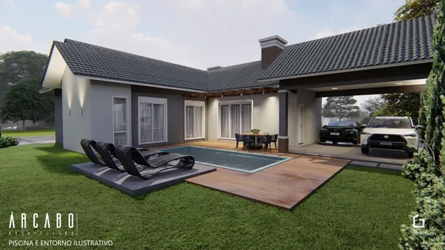 Vista da piscina e área externa de uma residência em Lajeado.