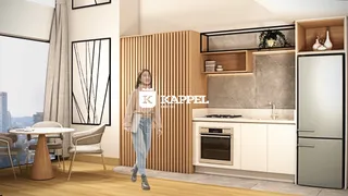 Ambiente moderno com cozinha integrada e vista da cidade em um apartamento em Lajeado.
