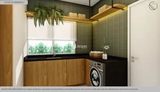 Imagem de um ambiente interno moderno com armários de madeira e bancada escura.