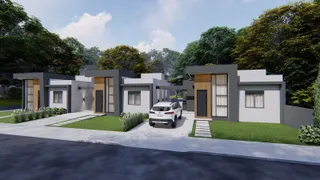 Fachada de uma residência moderna com jardim e paisagismo em Lajeado, Brasil.
