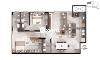 Planta baixa de um apartamento mostrando a disposição dos cômodos e áreas do imóvel.