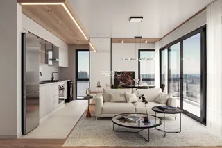 Sala de estar moderna com vista para a cidade.