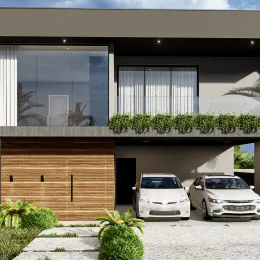 Fachada moderna de um imóvel em Lajeado, Brasil, com grandes janelas de vidro.