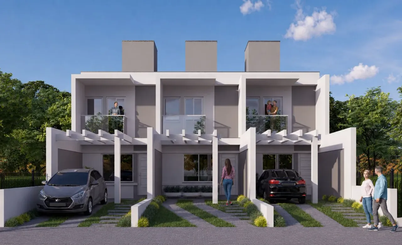 Fachada frontal de uma casa moderna com dois andares em Lajeado, Brasil.