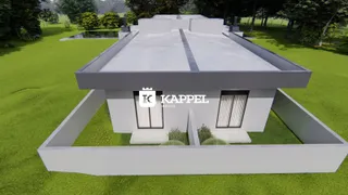 Renderização arquitetônica da fachada de uma casa em um terreno gramado.