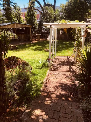 Vista de um jardim com um caminho de terra e uma estrutura de madeira ao fundo.