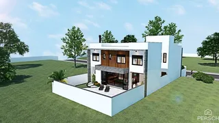 Fachada de uma casa moderna com jardim em Lajeado, Brasil.