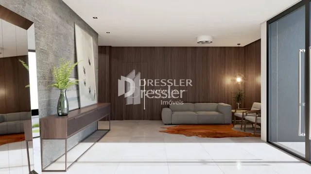 Sala de estar com painel de madeira e piso claro.