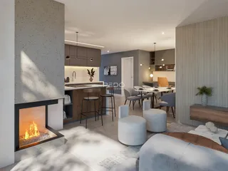 Sala de estar moderna com lareira e área de jantar em um apartamento.