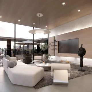 Sala de estar moderna com grande janela e vista urbana.