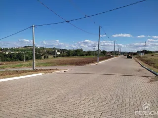 Vista da rua pavimentada com postes de energia em Lajeado, Brasil.
