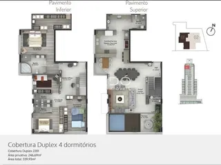 Planta baixa do apartamento duplex de 4 dormitórios em Lajeado, Brasil.