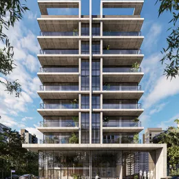 Fachada de um prédio residencial moderno em Lajeado com varandas.