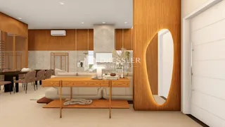 Sala de estar com decoração em madeira e paredes claras.