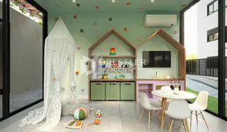 Sala de estar com decoração em tons de verde e madeira.